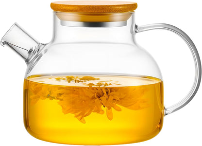 PARACITY Glass Teapot Stovetop 40 OZ/1200ml, Borosilicate Clear Tea Kettle with Removable 18/8 Stainless Steel Infuser, Teapot Blooming and Loose Leaf Tea Maker Tea Brewer for Camping, Travel
