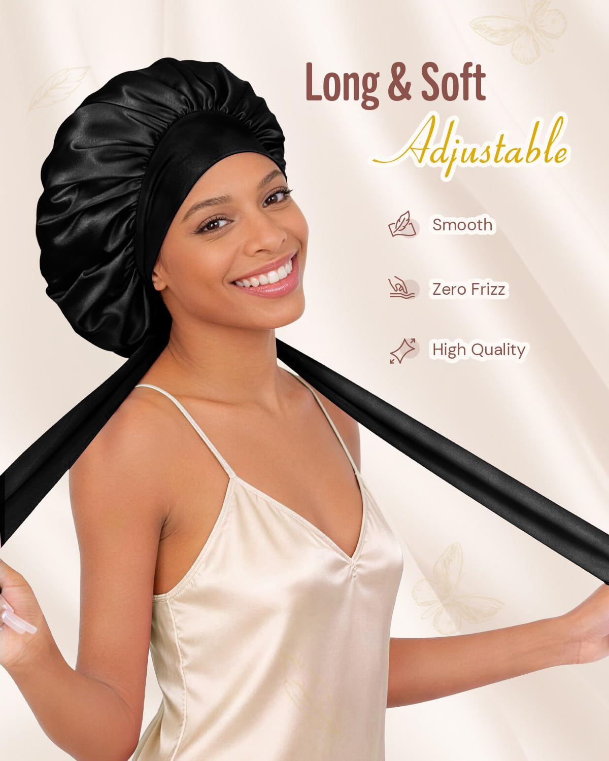 BONNET QUEEN Silk Bonnet for Sleeping for Women Satin Bonnet Night Cap for Curly Hair with Tie Band, Single Layer, Cream Pink