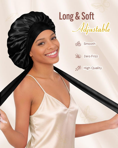 BONNET QUEEN Silk Bonnet for Sleeping for Women Satin Bonnet Night Cap for Curly Hair with Tie Band, Single Layer, Cream Pink