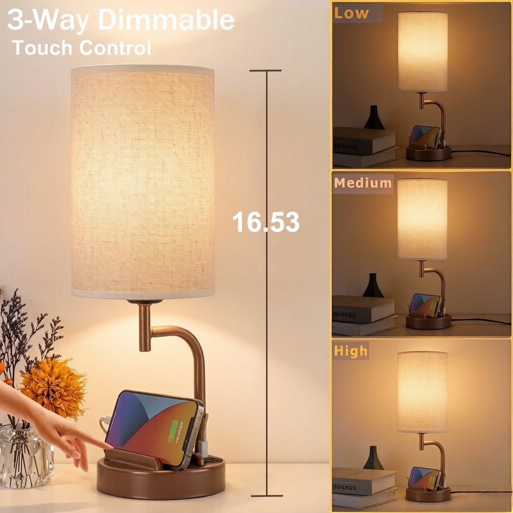 Dreamholder Touch Control USB Table Lamp with USB C/A & AC Outlet, 3-Way Dimmable Bedside Lamp, Modern Nightstand Lamps for Bedroom Living Room Guest Room Office, Bulb Included, Gold