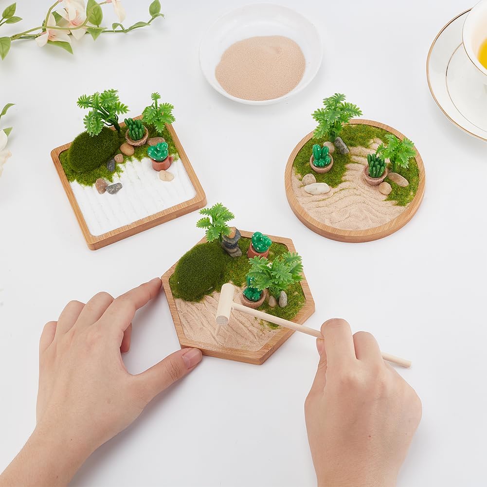 WEBEEDY 3 Sets Desert Zen Garden Kit Japanese Mini Zen Garden Sand Tray Kit for Desktop with Bamboo Tray Stones Rakes Accessories Cactus Desert Decor for Home Office Desktop Unique Gift,4/4.2/4.4 Inch
