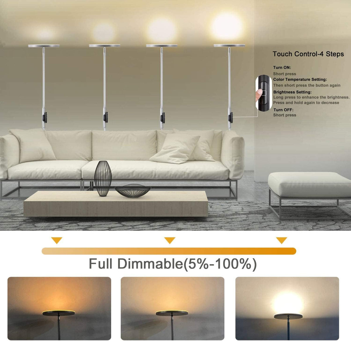 JOOFO LED Torchiere Floor Lamp with Remote, Stepless Dimmable Black