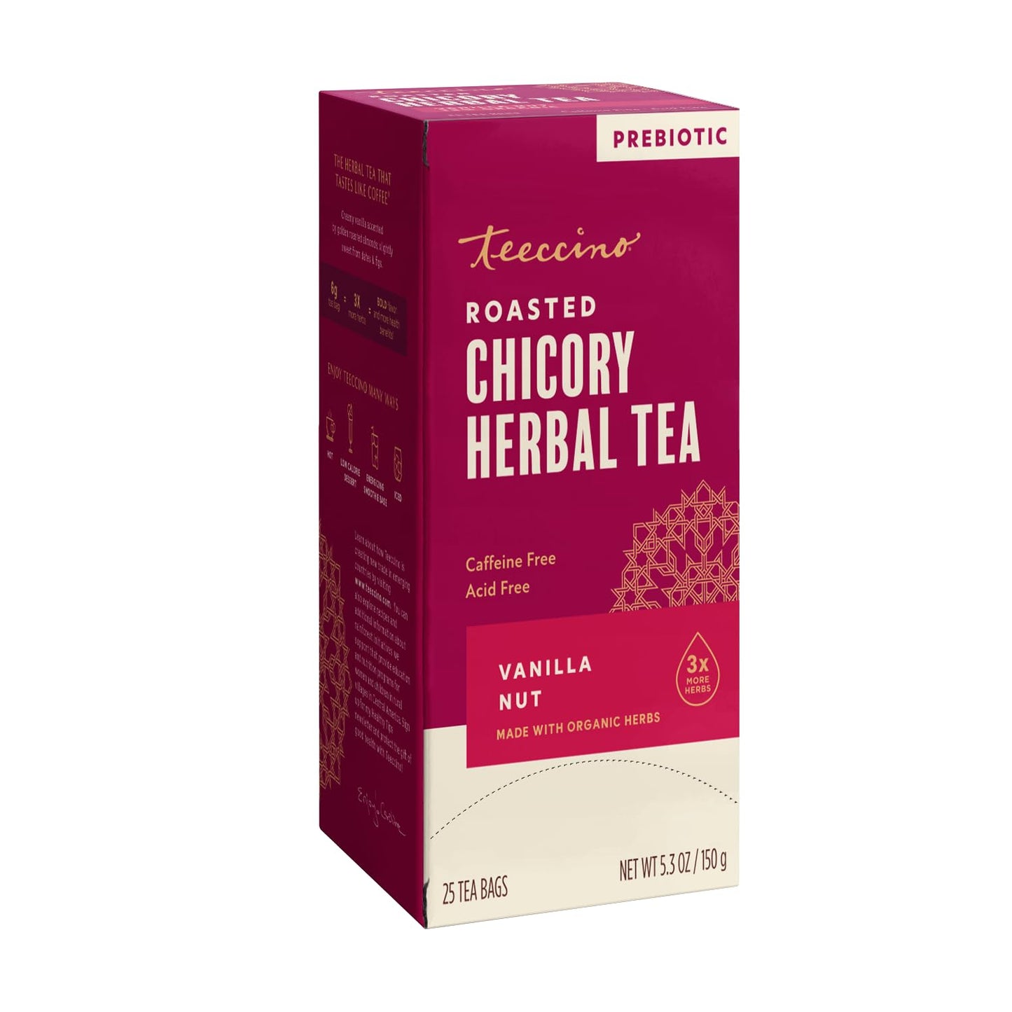 Teeccino Holiday Herbal Tea Sampler Assortment - Candy Cane, Gingerbread, Snickerdoodle - Caffeine-Free Holiday Dessert Teas with Prebiotic Chicory, 12 Tea Bags