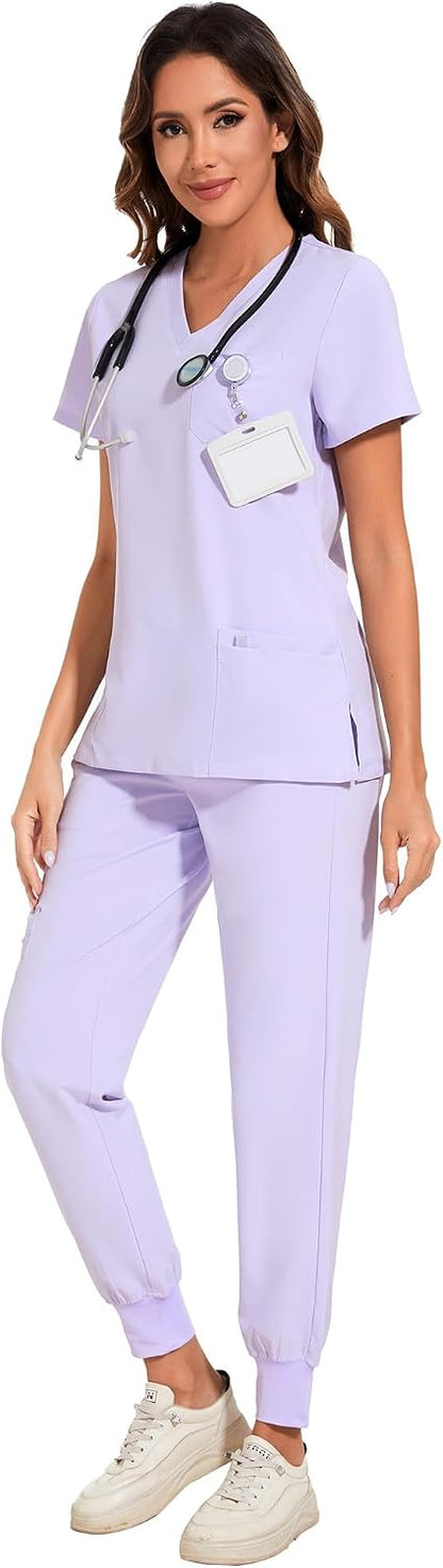 COZYFIT Scrubs for Women Set - Stretch V-Neck Scrub Top & Jogger Pant with 8 Pockets COZY SCRUBS - Colors B