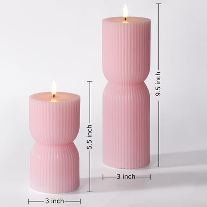 White Ribbed Flameless Pillar Candles with Remote, Real Wax Flickering Battery LED Candles Set of 2