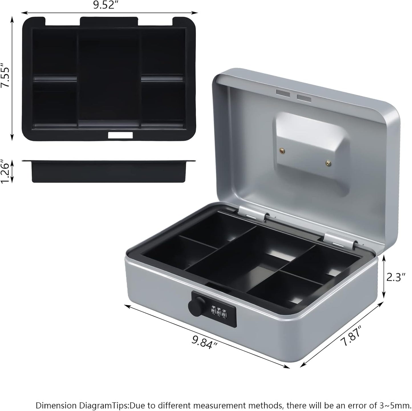KYODOLED Small Cash Box with Combination Lock & Removable Money Tray, Black