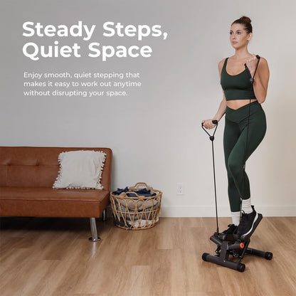 Sunny Health & Fitness Twist Steppers with Resistance Bands, Compact Mini Stair Step Machines for Low-Impact Home Cardio Workouts