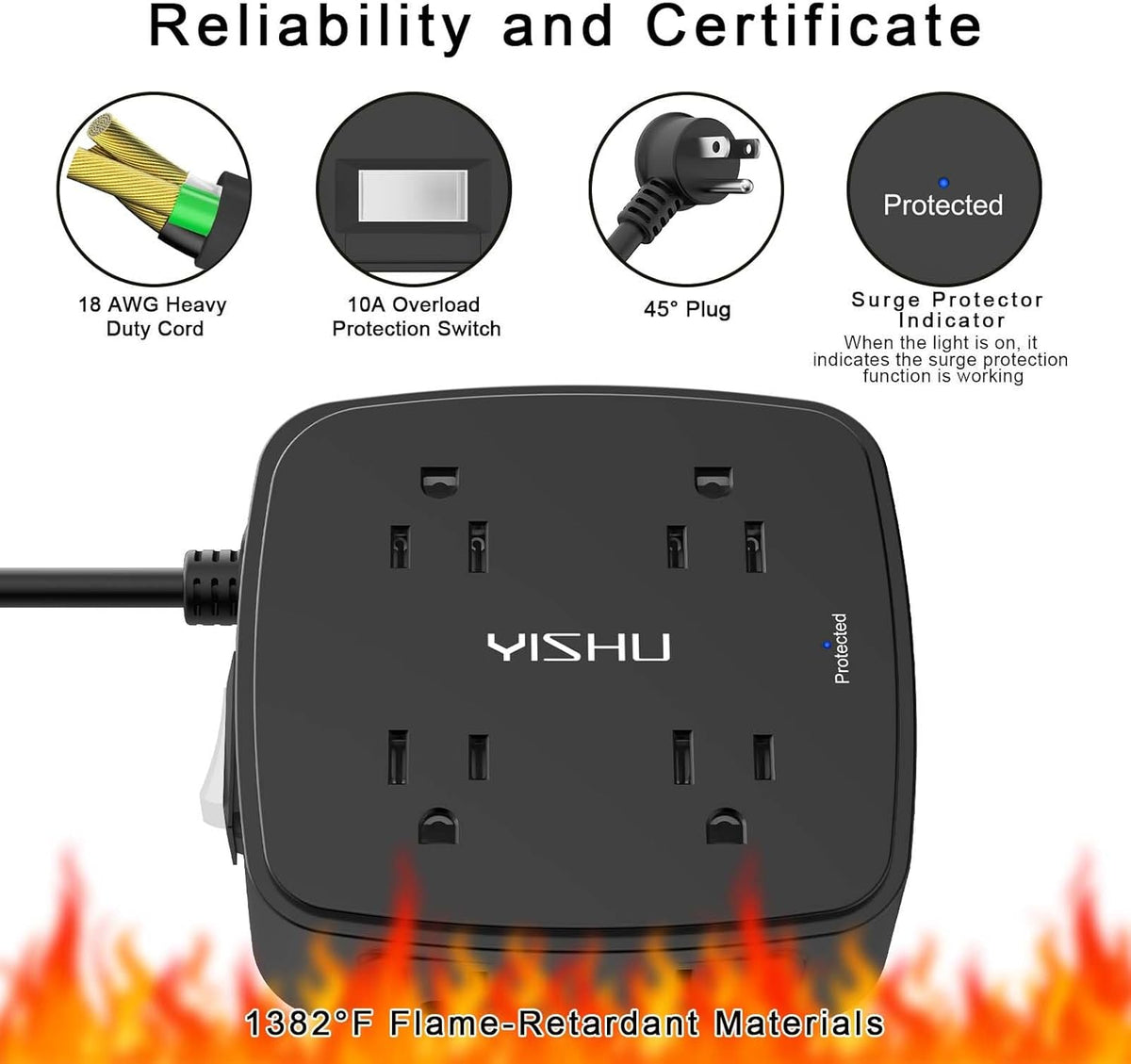 YISHU 6Ft Surge Protector Power Strip with 8 Widely Outlets & 4 USB Ports