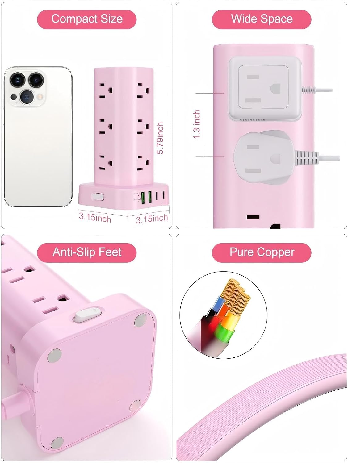 6FT Power Strip Tower Surge Protector, 12 Wide Spaced Outlets, 4 USB