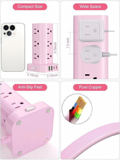 6FT Power Strip Tower Surge Protector, 12 Wide Spaced Outlets, 4 USB