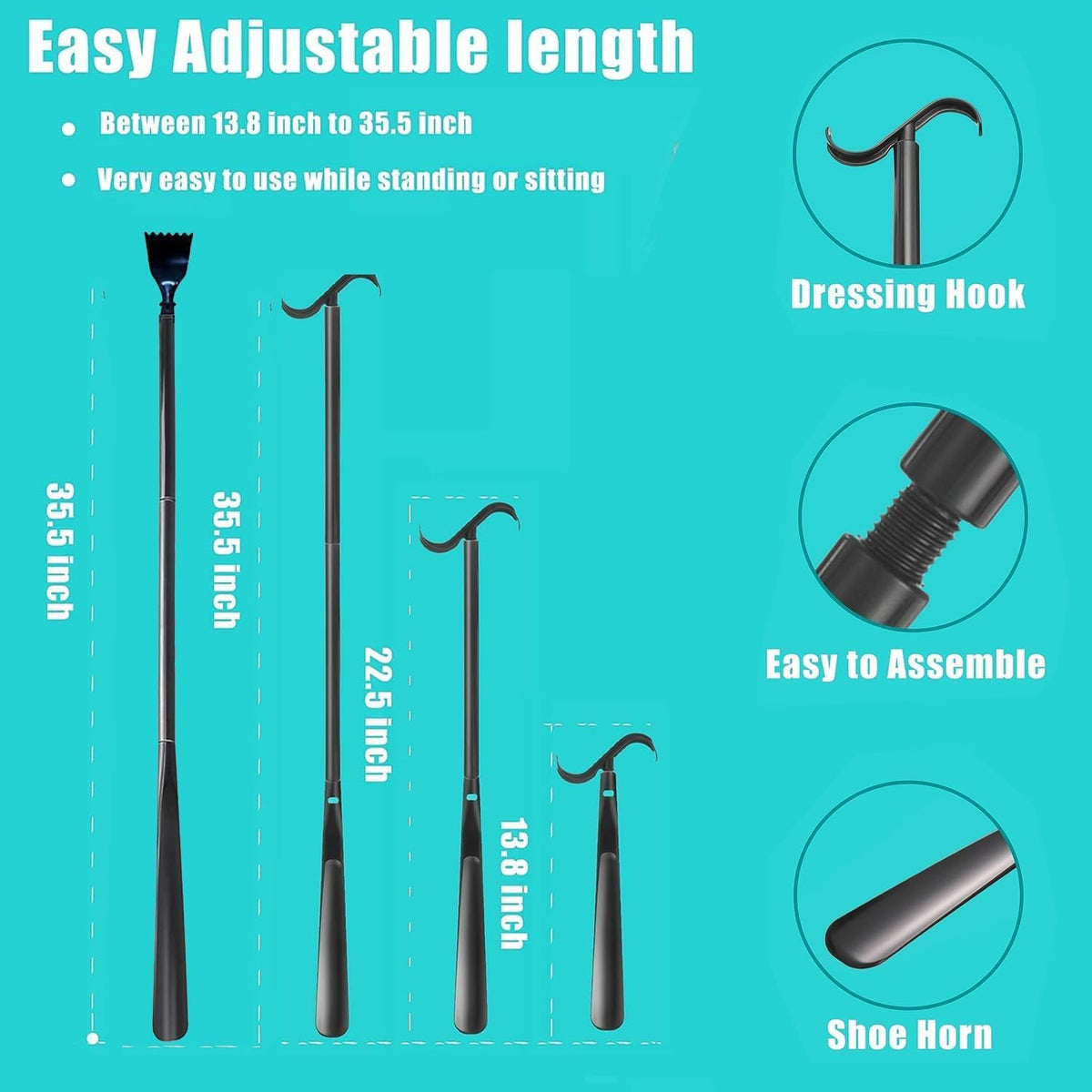 Sock Aid Device for Seniors Kit (Sock Aide and Dressing Stick) - Sock Helpers to Put on Your Socks No Bending - 35" Adjustable Extended Shoe Horn & Sock Puller Aid Easy On and Off