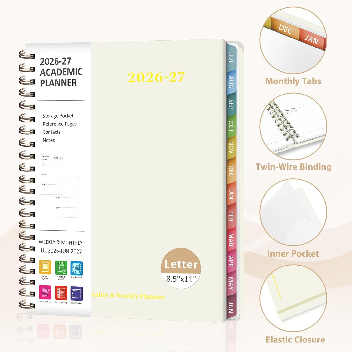 Planner 2026-2027, Weekly and Monthly Calendar Planner, JUL 2026 - JUN 2027 | Academic Year, Daily Agenda Book, A5(6.3'' x 8.5''), Sprial Bound, Inner Pocket, Office School Use