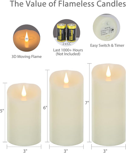 TECHLONG Flickering Flameless Candles with 3D Moving Flame, Last 1000+ Hours Battery Operated Candles with Timer, Ivory Real Wax Pillar Electric LED Candle for Wedding Christmas Party/3" x 5"