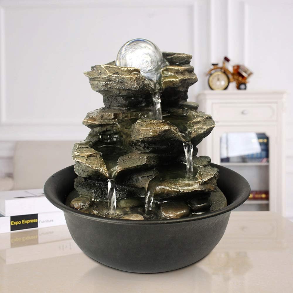 15.7” High Rock Falls Tabletop Water Fountain with LED Lights - Indoor 5-Tier Cascading Fountain for Home and Office Decor (Gray_3, 15.7" high)