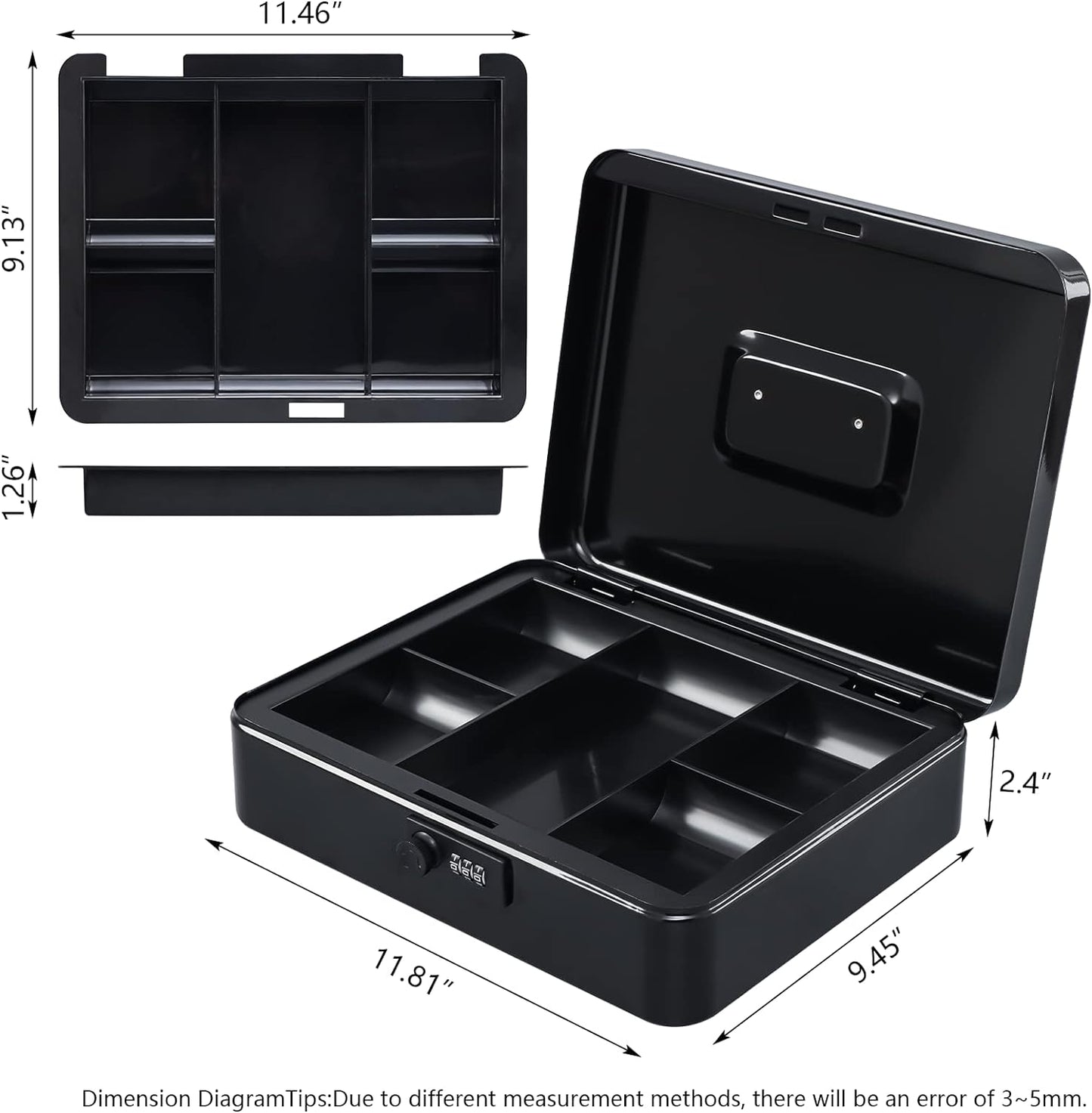 KYODOLED Cash Box with Combination Lock Safe Metal Money Box with Money Tray for Security Lock Box 7.87"x 6.30"x 3.35" Black
