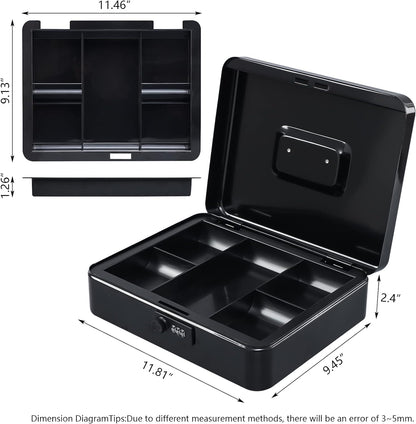 KYODOLED Cash Box with Combination Lock Safe Metal Money Box with Money Tray for Security Lock Box 7.87"x 6.30"x 3.35" Black
