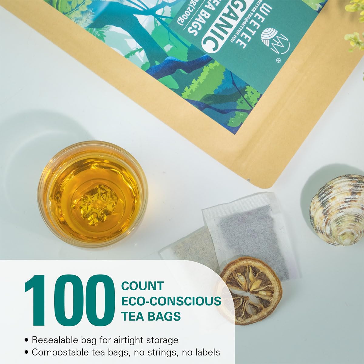 WT WEETEE Organic White Tea Bags 100ct, Low Caffeine & Rich Antioxidants