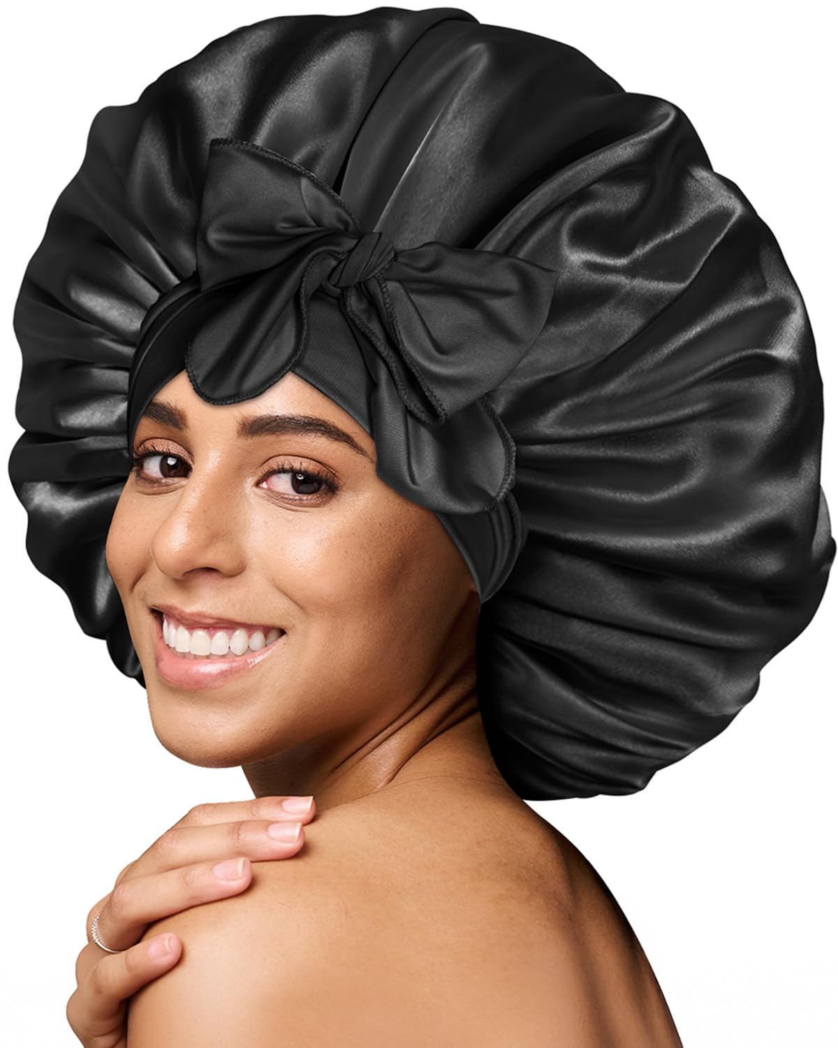BONNET QUEEN Silk Bonnet for Sleeping for Women Satin Bonnet Night Cap for Curly Hair with Tie Band, Single Layer, Cream Pink