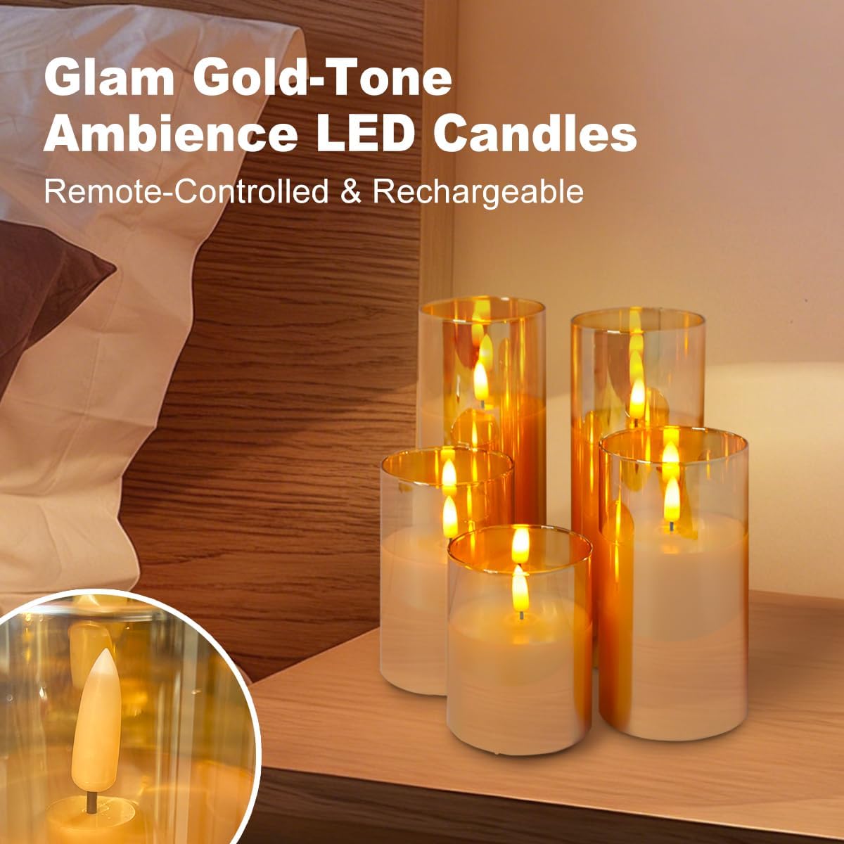 LEDHOLYT Rechargeable Flameless Glass Pillar Candles–Gifts for Women,–Set of 3, Realistic Flickering LED Flame,Remote & Timer, Ideal for Living Room, Bedroom & Halloween Festival Home Party Decor