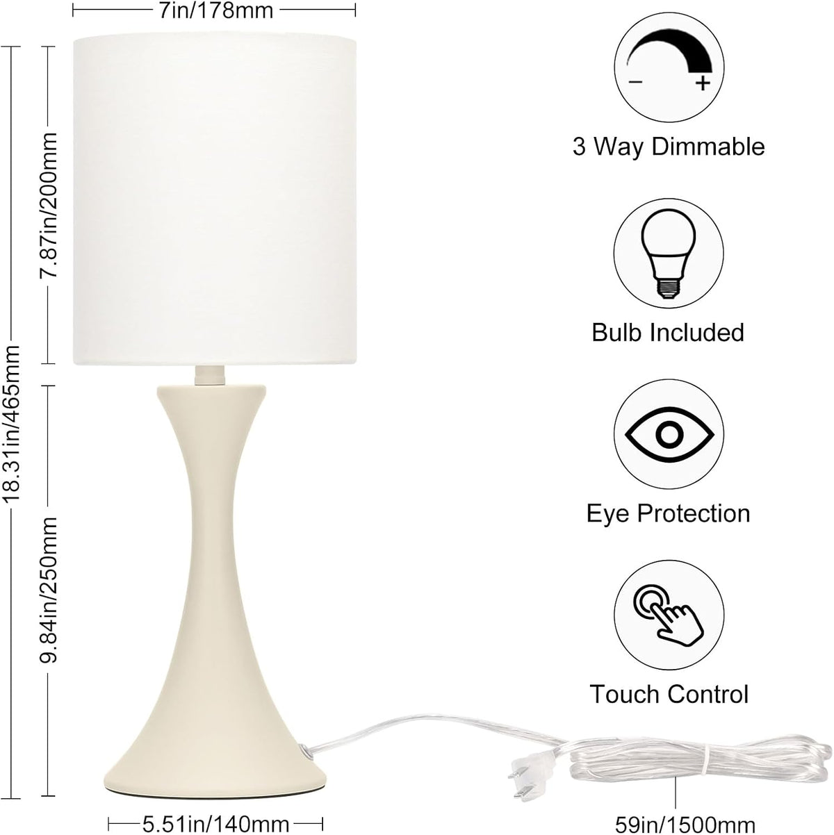 3 Way Touch Control Table Lamp, Dimmable Bedside Desk Lamp with Metal Base Modern Nightstand Lamp Stylish Grey Shade Simple Side Table Lamp for Bedroom, Living Room, Office or Den LED Bulb Included