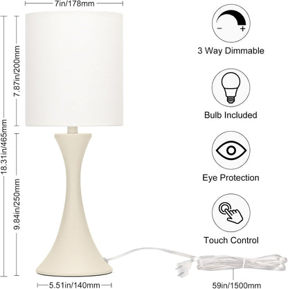 3 Way Touch Control Table Lamp, Dimmable Bedside Desk Lamp with Metal Base Modern Nightstand Lamp Stylish Grey Shade Simple Side Table Lamp for Bedroom, Living Room, Office or Den LED Bulb Included