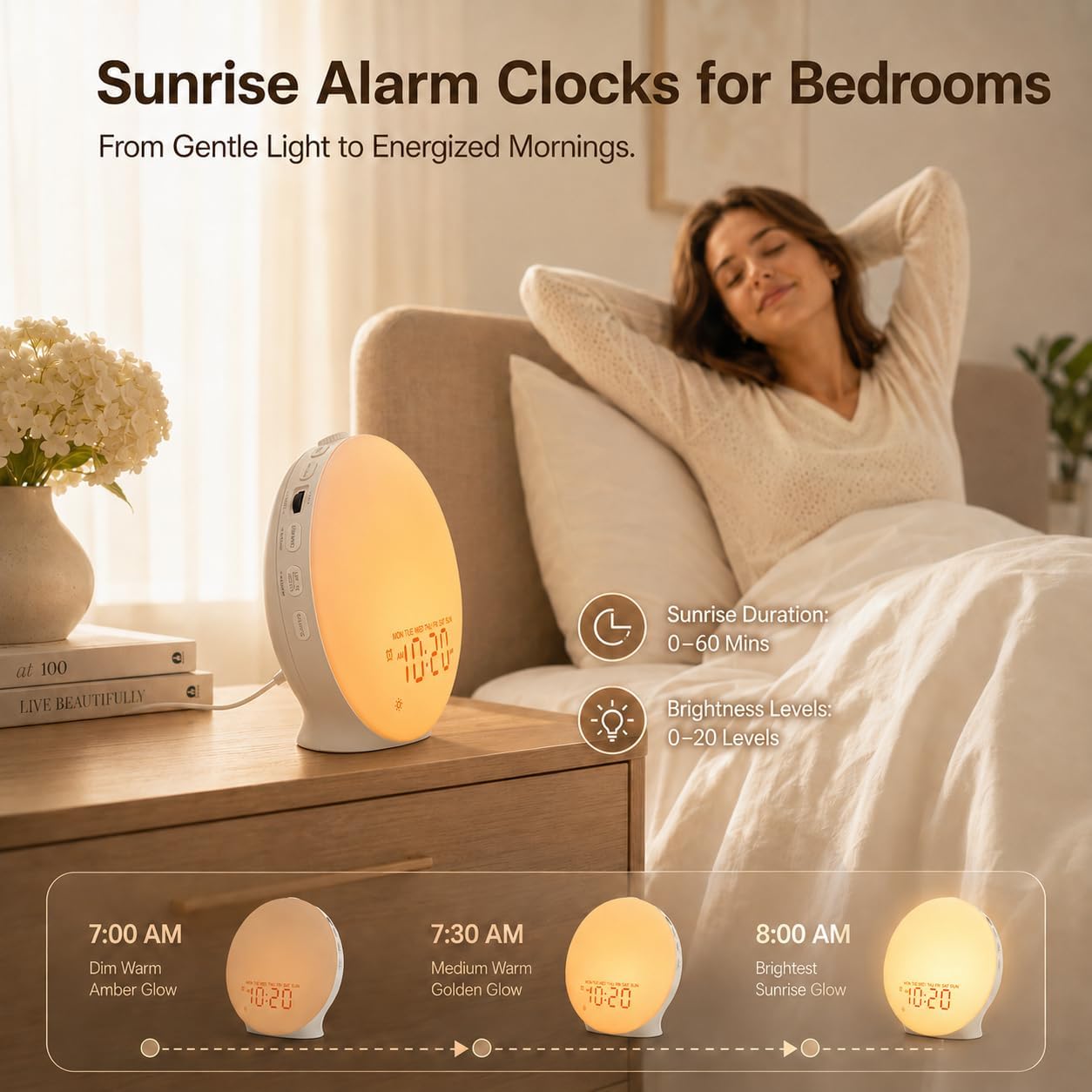 JALL Sleep Sound Machine Sunrise Alarm Clock with 25 White Noise Nature Sounds, Wake Up Light for Bedrooms, Bluetooth Speaker, 8-Hour Sleep Timer, 17 Color Dimmable Lights