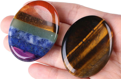 2PCS Worry Stone for Anxiety Tigers Eye Amethyst Healing Crystals Hand Thumb Stones Pocket Gemstones Meditation Accessories Oval Crystal Natural Relax Palm Stone Anxiety Relief Items Stocking Stuffers