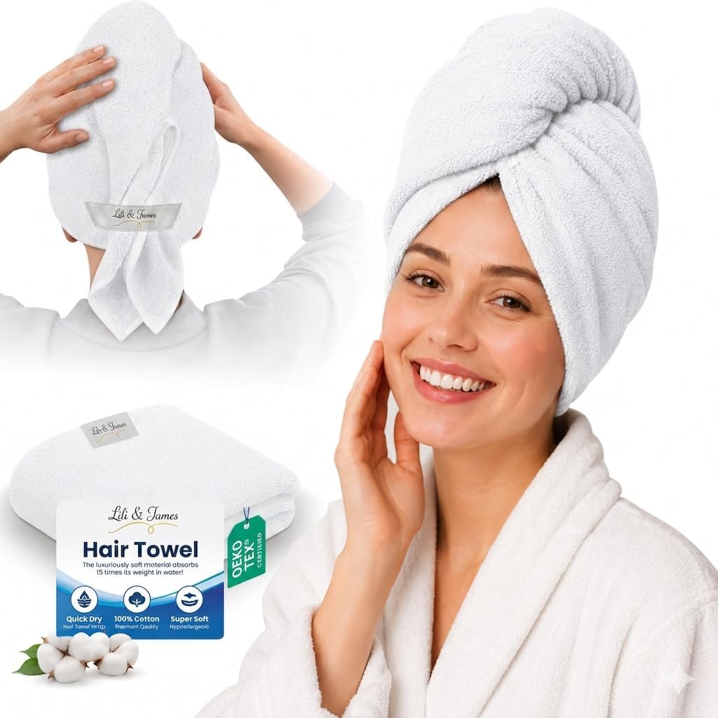 Lili&James 100% Cotton Hair Towel Wrap for Women & Kids – 420 GSM Quick Dry Hair Turban with Double Button Loop, Anti Frizz Non Microfiber Hair Drying Towel for Curly, Long & Thick Hair (Lilac)
