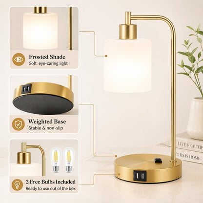 Set of 2 Industrial Touch Control Table Lamps with USB C+A Ports and AC Outlet - 3-Way Dimmable Black Bedside Lamps Nightstand Desk Lamps for Bedroom Living Room, Glass Shade & 2 LED Bulbs Included