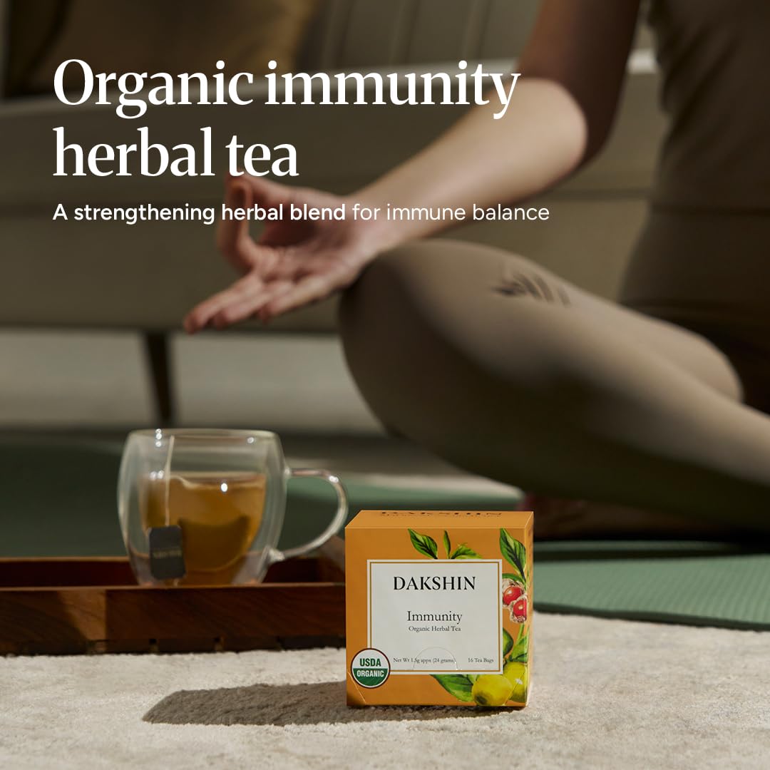 DAKSHIN Organic Immunity Tea Bags | Ashwagandha, Amalaki, Echinacea, Tulsi & Guduchi | Ayurvedic Daily Wellness Tea | Caffeine-Free | USDA Organic | 16 Tea Bags
