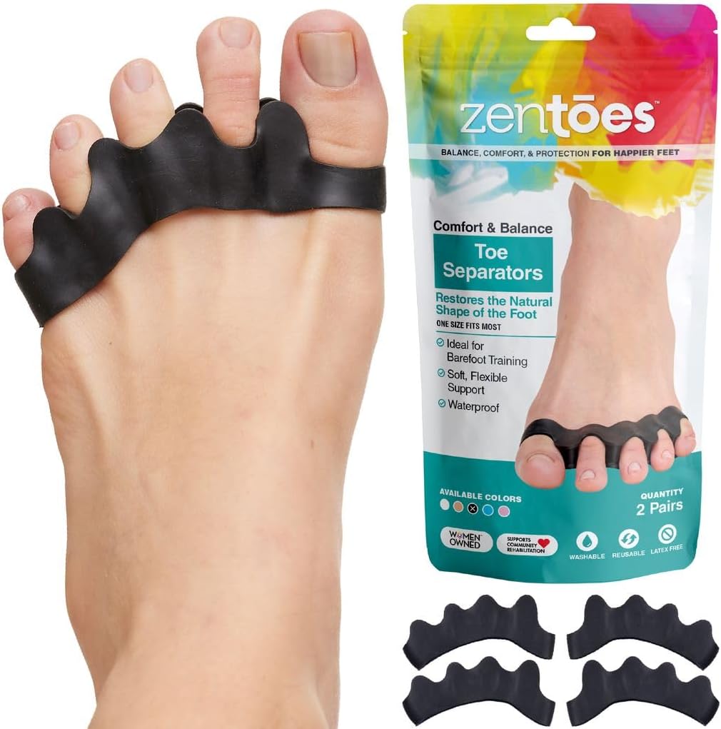 ZenToes Silicone Toe Spacers and Separators for Correct Toe Alignment, Bunion Relief, Hammertoe Straightener, Gel Orthopedic Corrector – 1 Pair (Black)