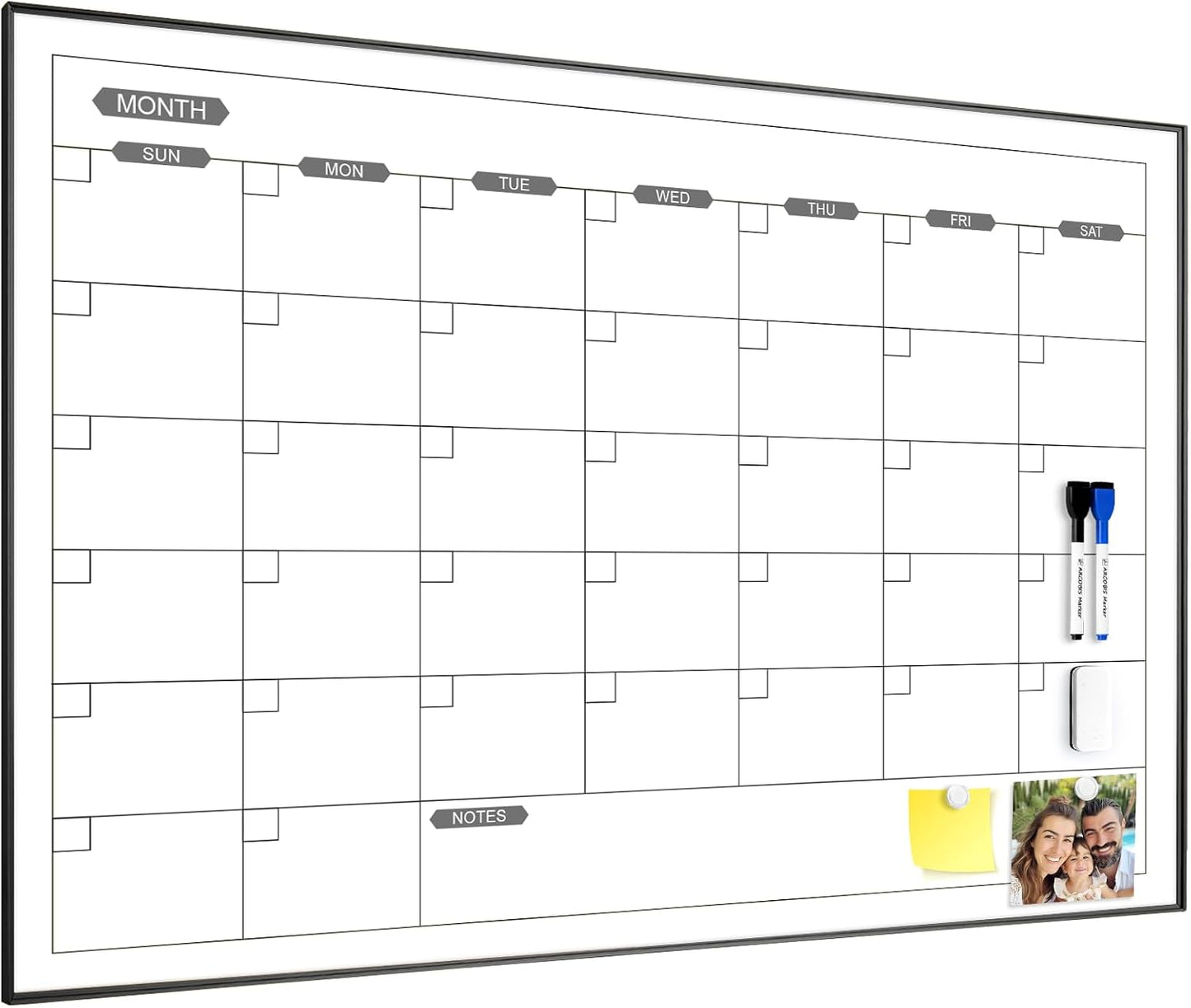 ARCOBIS Monthly Calendar Whiteboard, 24" x 18" Magnetic Dry Erase Calendar with Black Frame, Wall Hanging Planner for Home, Office, School