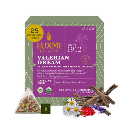 Luxmi Estates Organic Valerian Root, Chamomile, & Lavender Loose Leaf Tea 50g/1.76oz (25 cups) for Sleep | Caffeine Free Wellness Sleep Tea