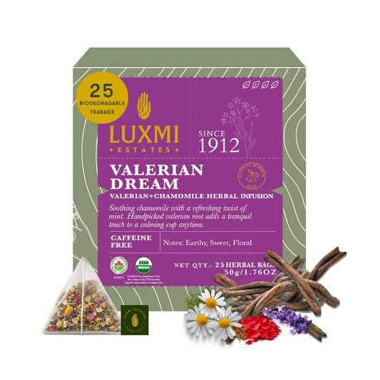 Luxmi Estates Organic Valerian Root, Chamomile, & Lavender Loose Leaf Tea 50g/1.76oz (25 cups) for Sleep | Caffeine Free Wellness Sleep Tea