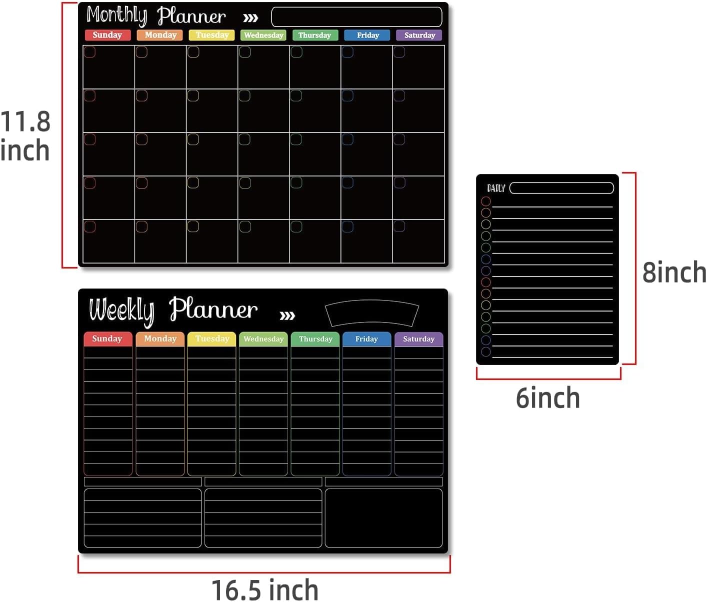 Hivillexun Magnetic Black Dry Erase Calendar White Board Set (3-Pack) - Monthly, Weekly Planners & Daily Notepad for Fridge, Home & Office, Includes 8 Markers