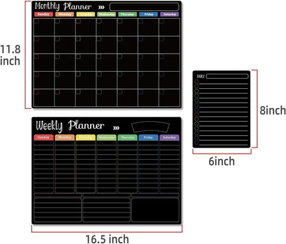 Hivillexun Magnetic Black Dry Erase Calendar White Board Set (3-Pack) - Monthly, Weekly Planners & Daily Notepad for Fridge, Home & Office, Includes 8 Markers
