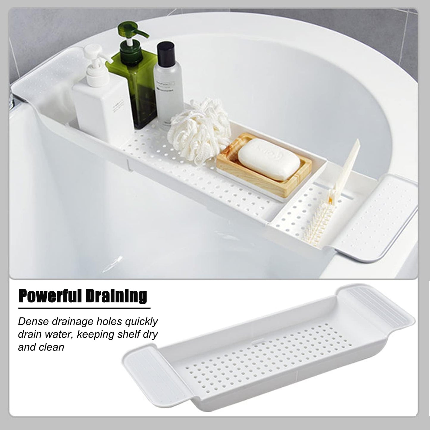 Expandable Drain Bath Shelf Caddy Tray, Multifunctional Plastic Bathtub Tray Bathroom Organizer Simple Stylish Bathtub Storage Rack for Candle Towel, Book, Wine, Phone, Shower