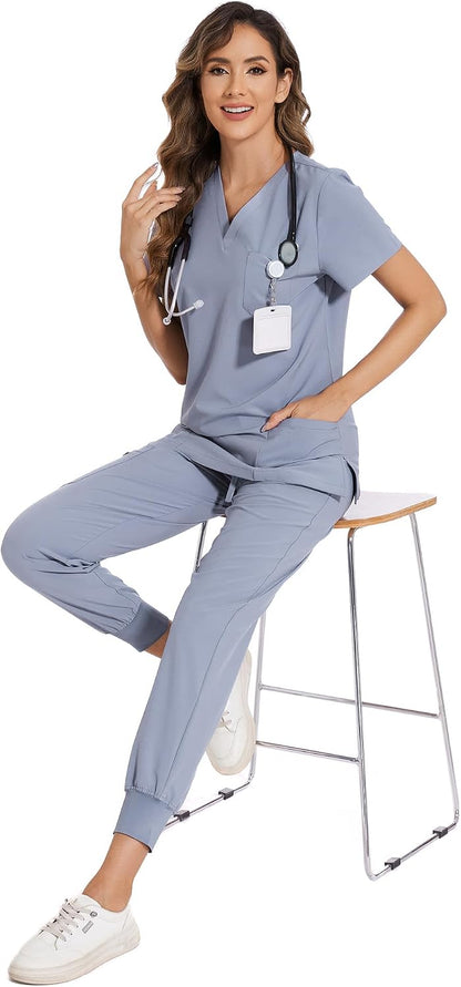 COZYFIT Scrubs for Women Set - Stretch V-Neck Scrub Top & Jogger Pant with 8 Pockets COZY SCRUBS - Colors A