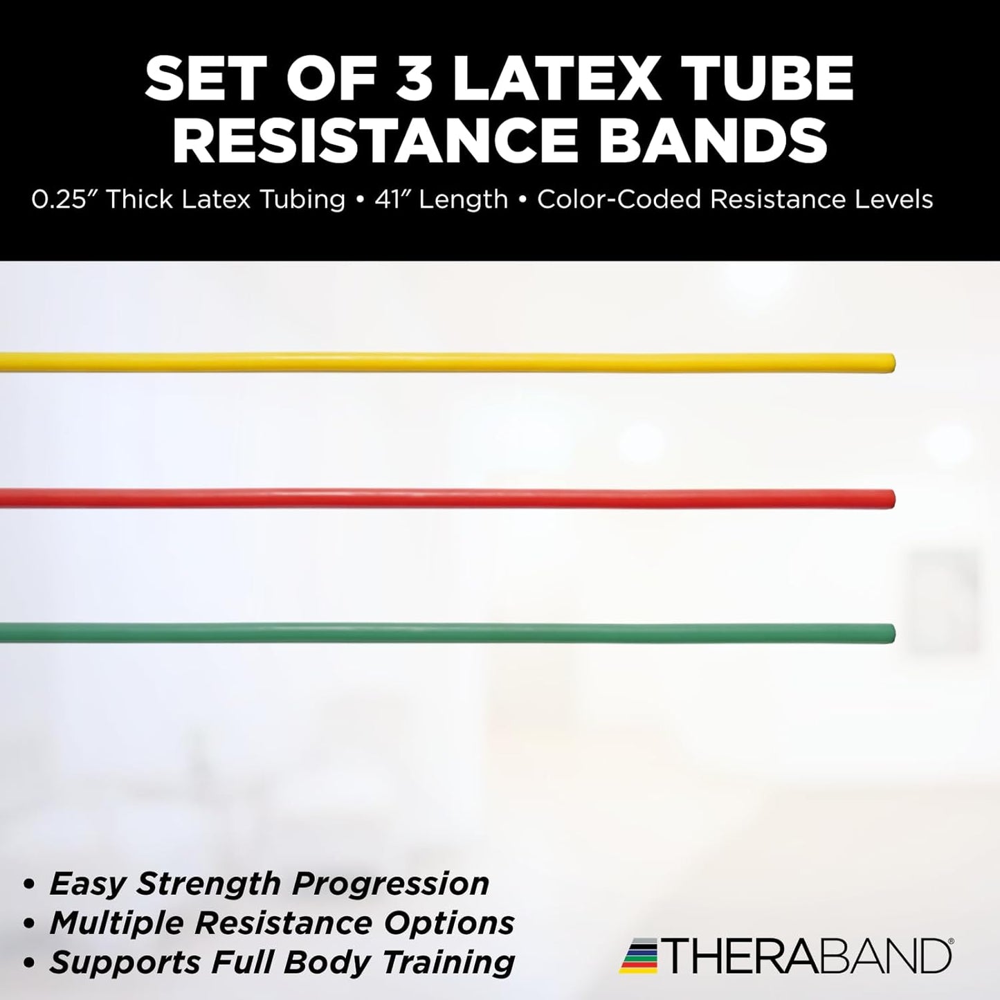 THERABAND Resistance Tubes, Begginer Set, Yellow, Red, and Green, 5 ft Latex Tubing, Home or Clinic Use, Cut-to-Fit, Color-Coded Resistance Bands for Upper & Lower Body Workouts