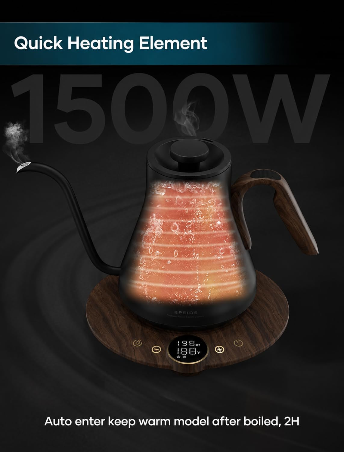 INTASTING Gooseneck Electric Kettle with ±1℉ Temperature Control for Pour Over Coffee & Tea, Quick Heating, BPA-Free Stainless Steel, Built-in Brew Timer, 1500W/0.9L (Ebony Black)