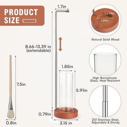 Incense Holder for Sticks, 2 in 1 Incense Sticks Burner with Glass Ash Catcher & Storage, Upside Down Incense Holder with Brush, Anti-Ash for Yoga Meditation Spa Outdoor Patio(Extends 8.7"-13.4")