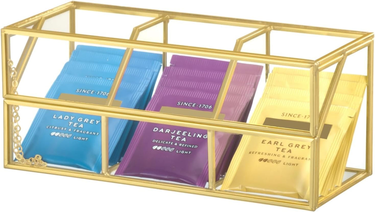 NCYP Glass Tea Bags Organizer with 5 Grids Compartments, Indoor Counter Top Brass Display Case with Lid, Storage Box, Gold, Decor, Teabag Storage, 14.5 x 3.6 x 3.66 Inches (Glass Box Only)
