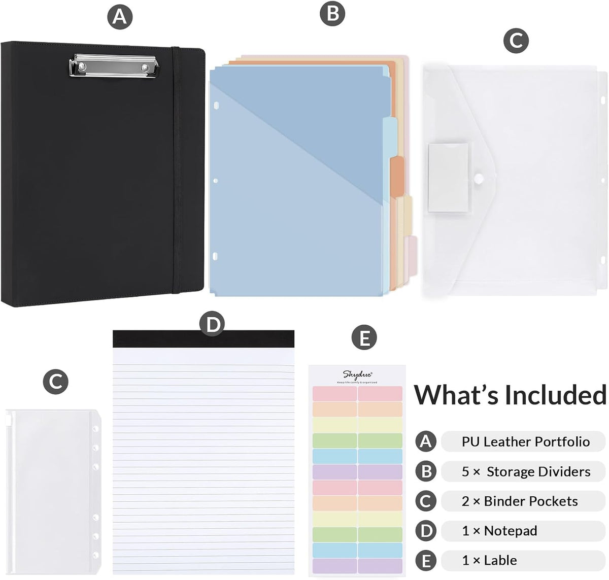 SKYDUE 3 Ring Binder with Clipboard, 13.2" × 10.2" Faux Leather 1 Inch Binder Organizer with 5 Pocket Dividers, Notepad, Labels & 2 Storage Pockets for Teachers, Students, Nurses & Office Work