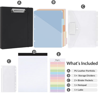 SKYDUE 3 Ring Binder with Clipboard, 13.2" × 10.2" Faux Leather 1 Inch Binder Organizer with 5 Pocket Dividers, Notepad, Labels & 2 Storage Pockets for Teachers, Students, Nurses & Office Work