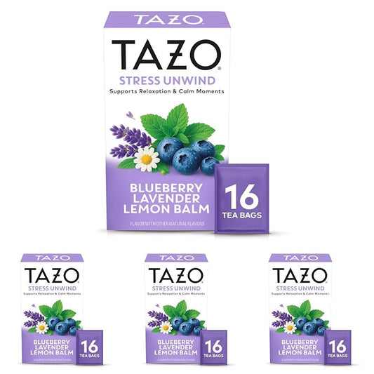 TAZO Herbal Tea Bags, Stress Unwind Blueberry Lavender Lemon Balm, 16 Count (Pack of 4)