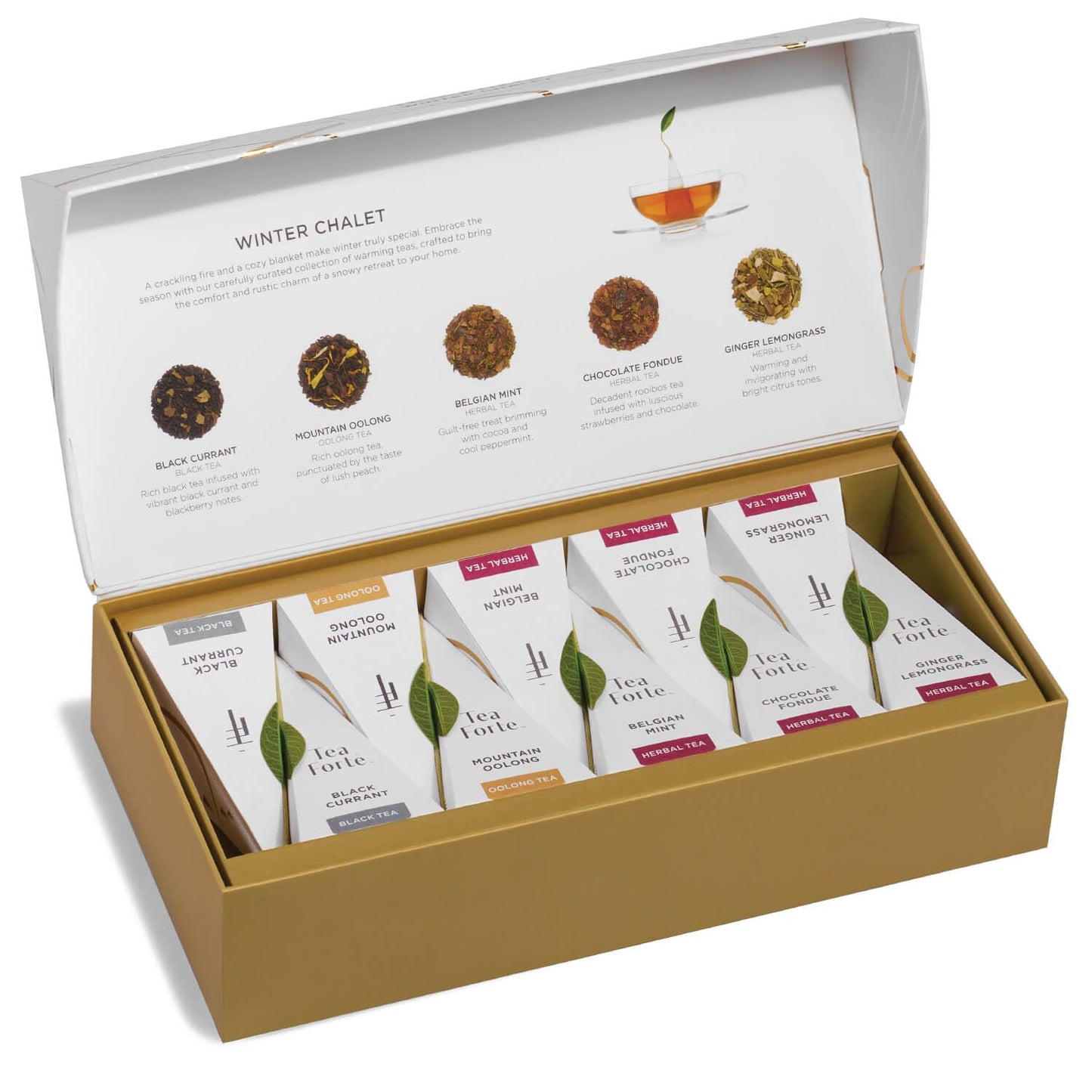 Tea Forte Premium Petite Presentation Box Gift Set Sampler, 10 Count, 2 of Each Blend Individually Wrapped Handcrafted Pyramid Infuser Bags, Demoiselle Tea
