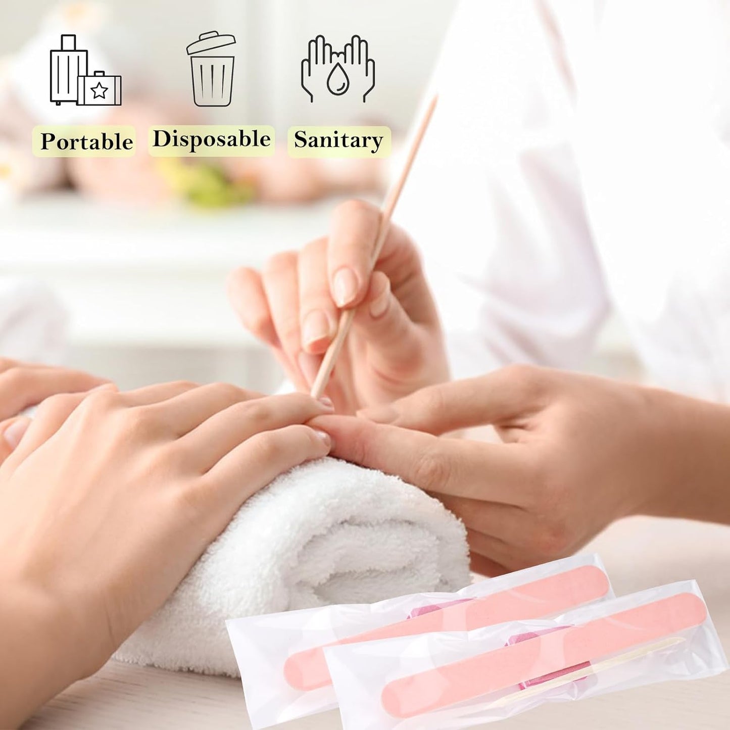 Disposable Manicure Kit - 50pc Mini Nail Buffer, Nail File, Wood Stick, OPP Bag, Press On Nail Tool Kit for Salon Home (Purple)
