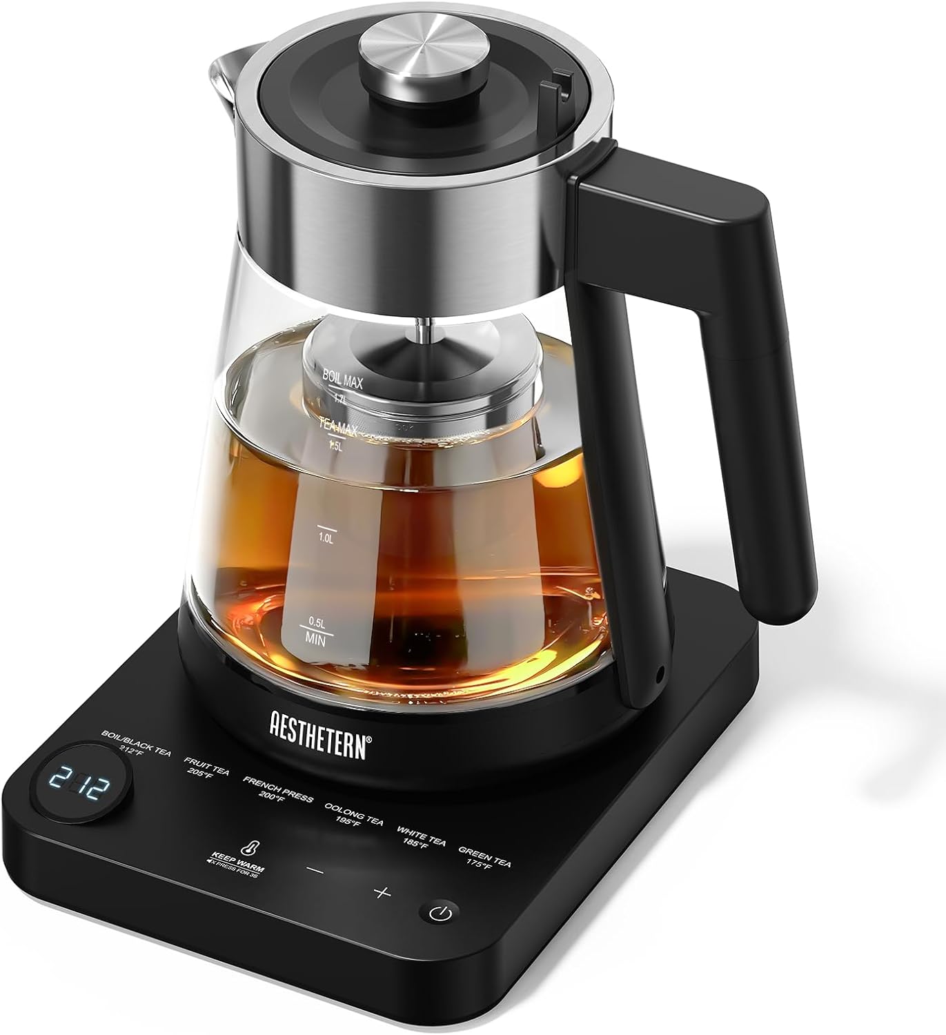 Electric Tea Kettle with Infuser 1.7L Glass Electric Kettle with Temperature Control 175°F Min Temp Automatic Shut Off 12H Keep Warm for Tea Coffee Water Heater, Black