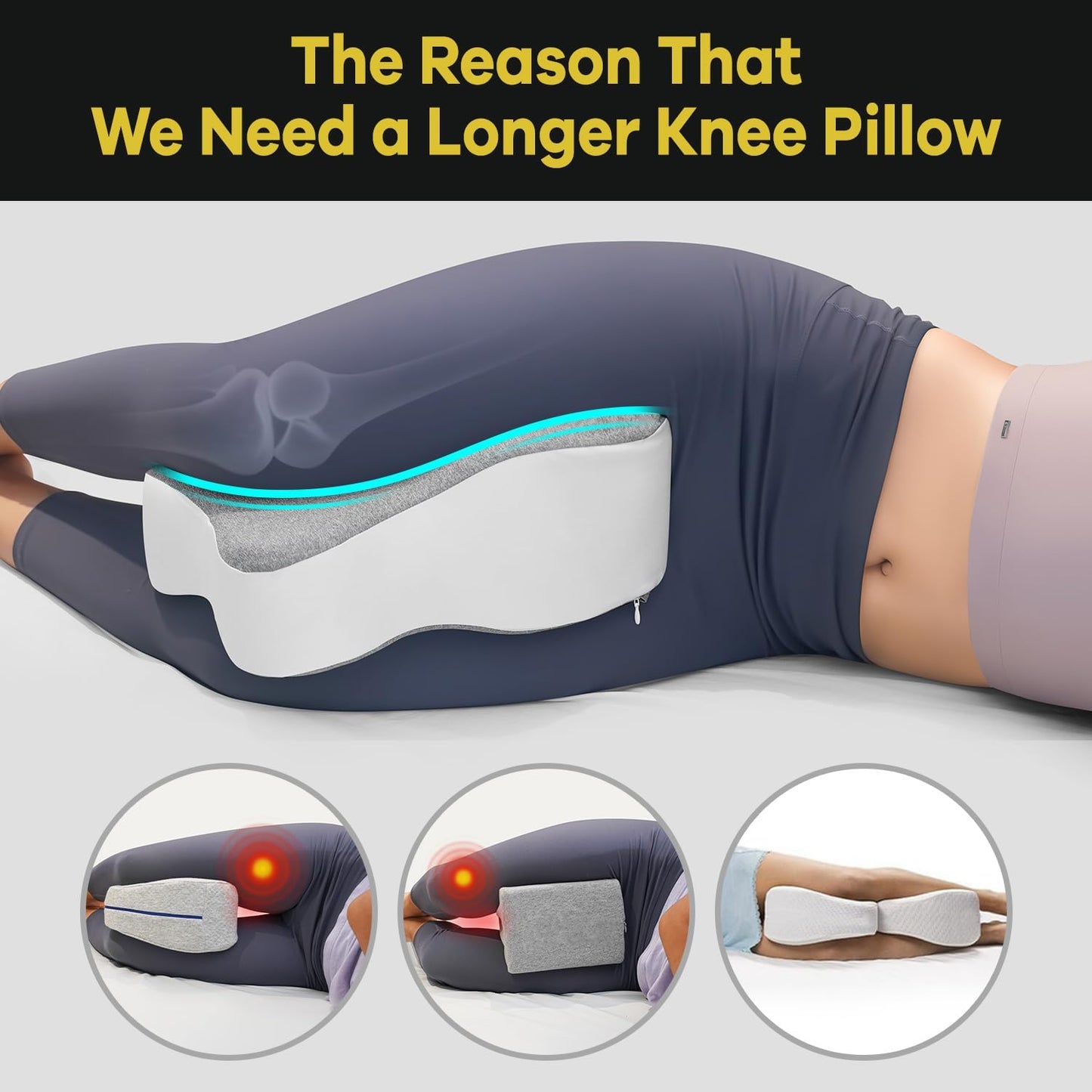 Long Knee Pillow for Side Sleepers Separates Full Thighs for Alignment | Memory Foam Leg Pillow for Knees,Hips, Back Pain Relief When Side Sleeping Spine Alignment Support for Knee Surgery Recovery