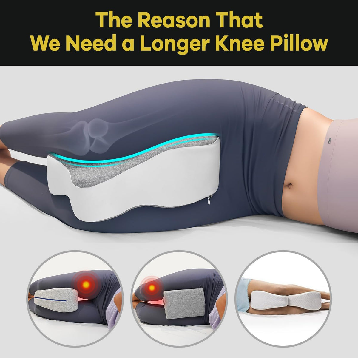 Long Knee Pillow for Side Sleepers Separates Full Thighs for Alignment